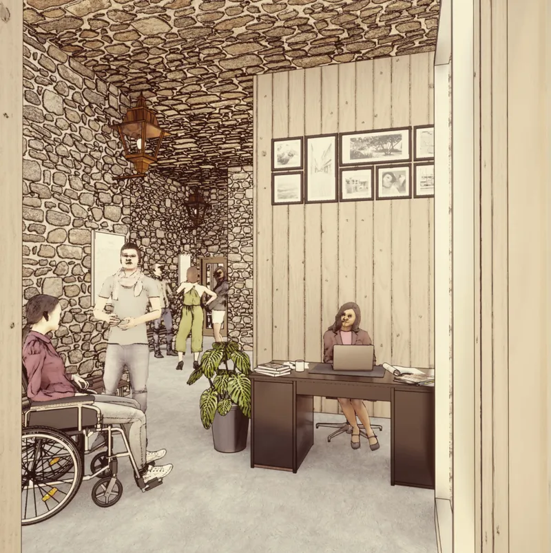 Accessible checkout area framed by Girona’s historic stone interiors.