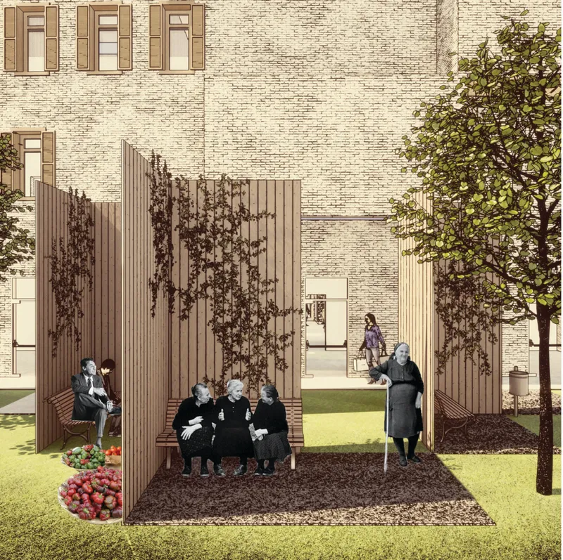 Timber garden pods create shaded spaces for neighbourhood gatherings.