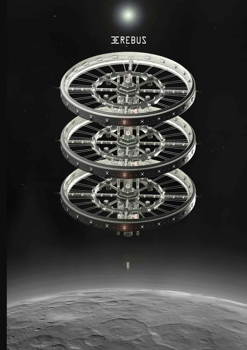 Erebus orbital station hovers above Ceres as a three-ring habitat for future asteroid-belt settlement.