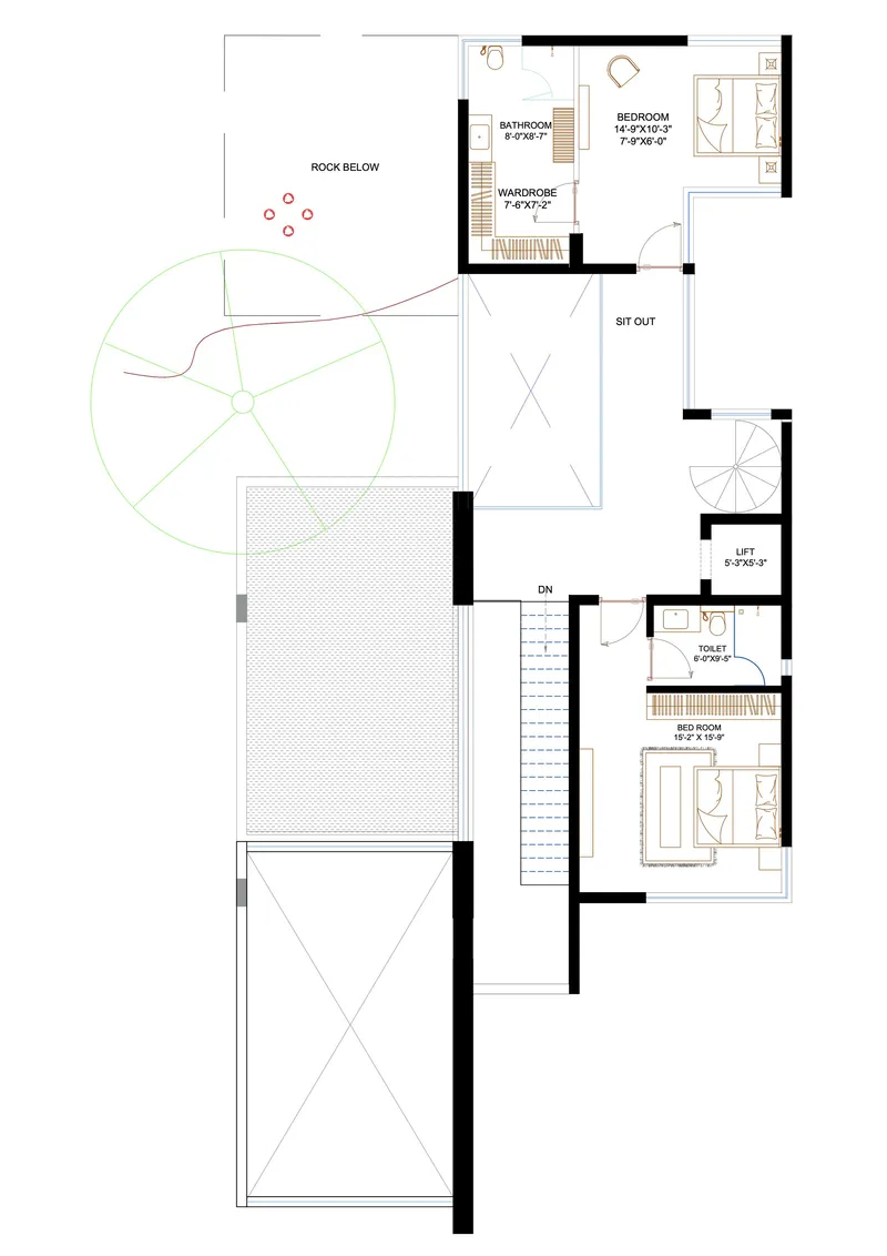 Upper level floor plan drawing with curved balcony, central stairwell and bedroom spaces