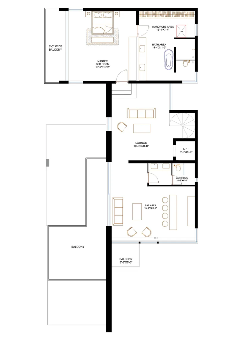 Floor plan drawing depicting master bedroom with balcony, lounge area and multiple outdoor terraces