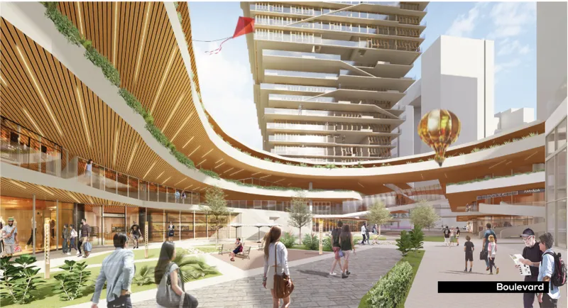 Landscaped boulevard connects retail, public spaces, and the residential towers.