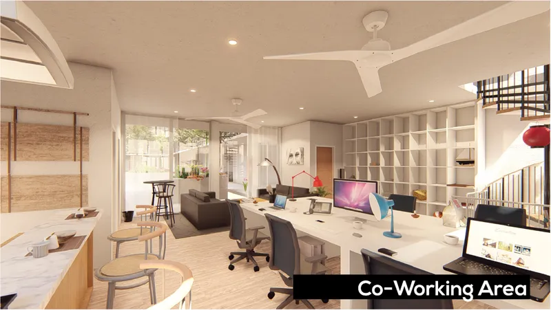 Integrated coworking area designed for collaboration, comfort, and flexible routines.