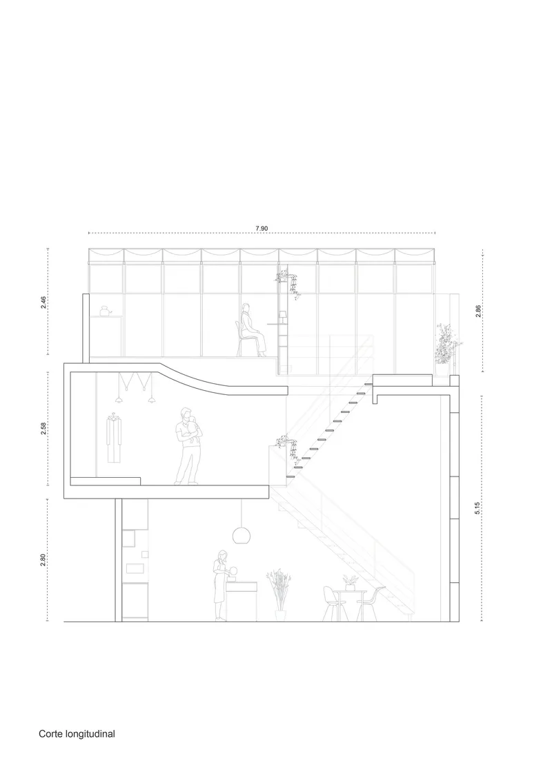 Longitudinal section drawing showing staircase connecting two levels with figures and interior furnishings