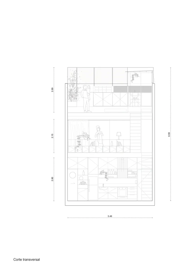 Transverse section drawing depicting three stacked levels with figures, furniture, and plants