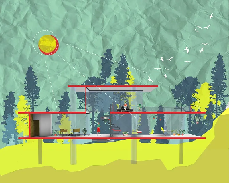 Sectional view reveals a transparent sculptor’s atelier immersed within the surrounding forest landscape.