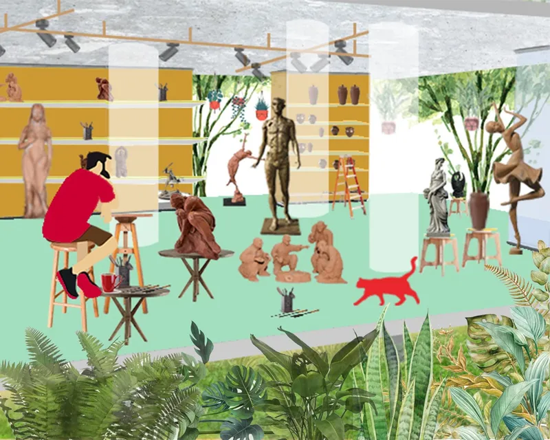 The open studio interior blends sculpture-making spaces with abundant greenery and natural views.