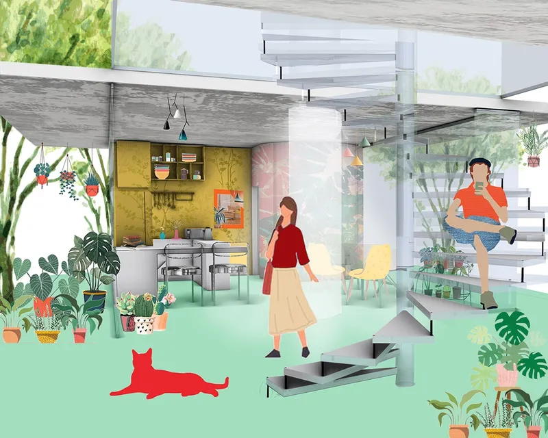 A light-filled living space connects domestic life, circulation, plants, and the forest beyond.