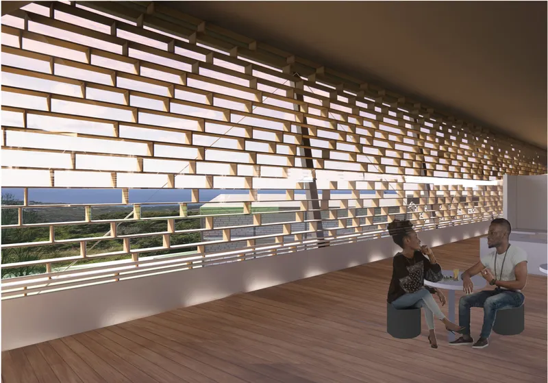 Perforated timber screens filter sunlight while maintaining views toward the coast.
