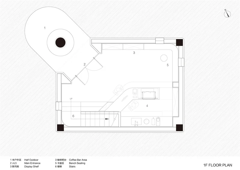 First floor plan drawing showing entrance sequence and coffee bar with curved outdoor space