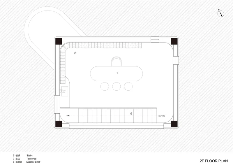 Second floor plan drawing showing tea area and display shelf with stair circulation