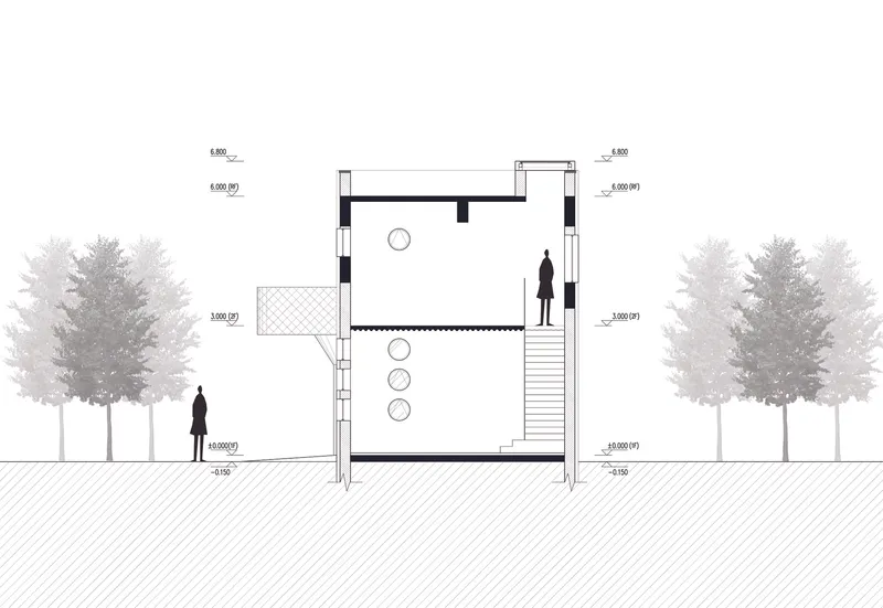 Section drawing showing a two-story structure with stairs and circular elements flanked by trees