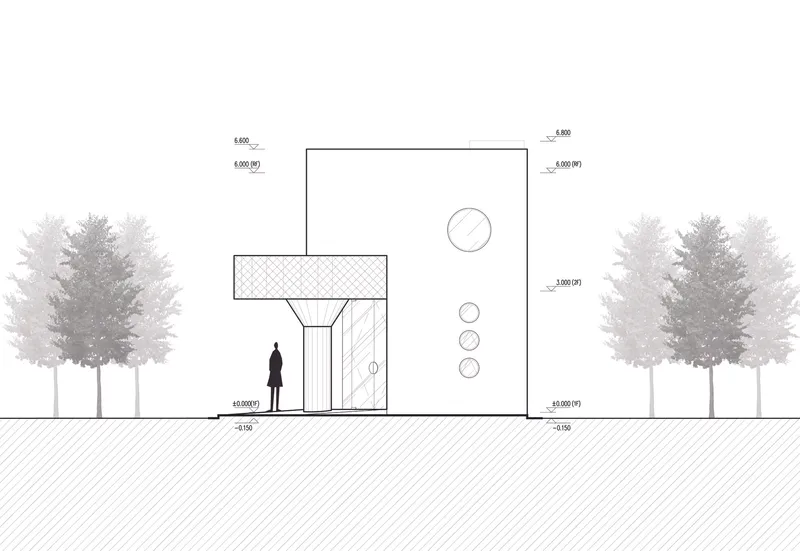 Elevation drawing depicting a cubic volume with circular motifs and a cantilevered canopy between trees