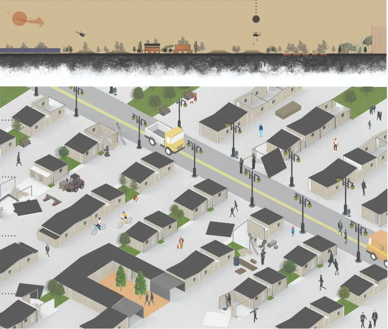 A temporary housing settlement illustrates how modular units, streets, services, and emergency logistics can support post-earthquake recovery.