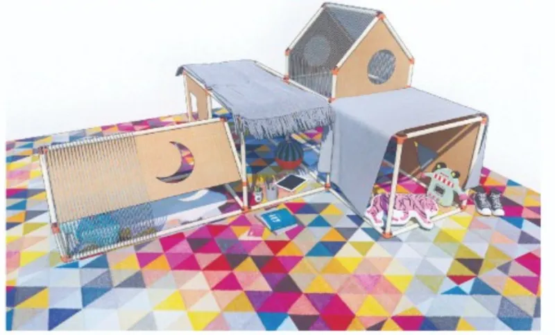 A colorful assembled home prototype shows how flexible panels, lightweight frames, and domestic elements restore comfort after displacement.