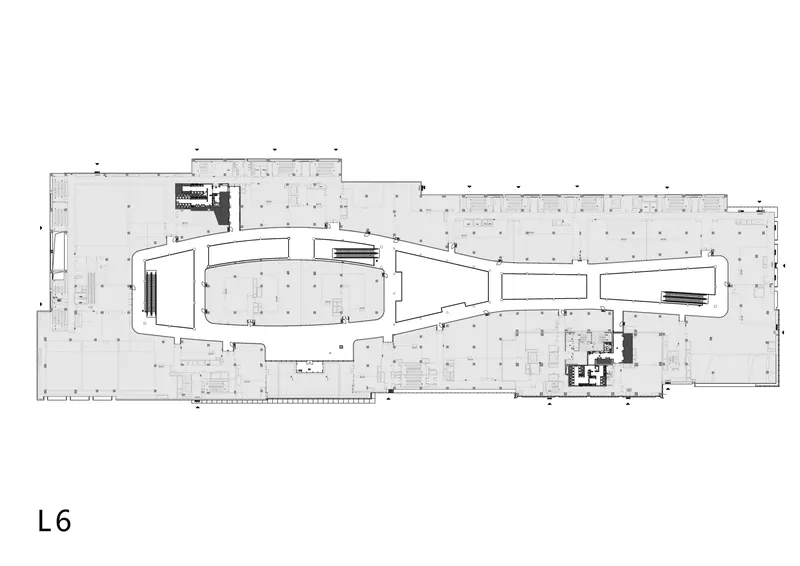 Floor plan drawing showing the curvilinear volume with expanded lower entry zone and service areas