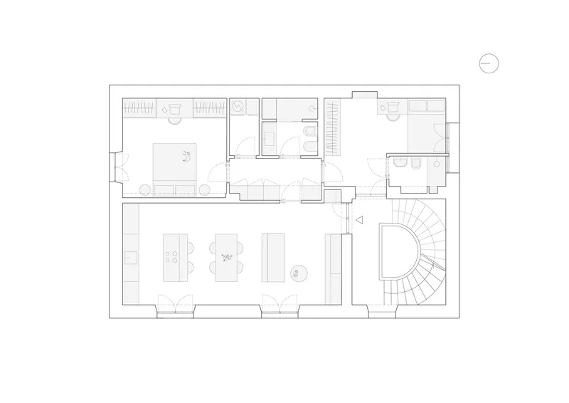 Floor plan drawing showing living space with curved stair, bedrooms and bathroom layout