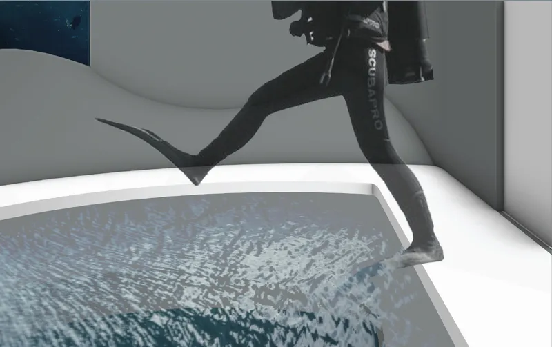 Close-up of person stepping onto glass floor panel revealing moving water patterns beneath their feet