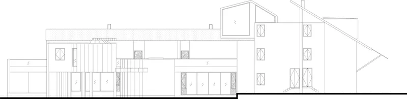 Elevation drawing showing single-story volumes with varied roof heights and vertical glazing patterns