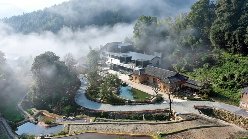 Aerial view of terraced rice paddies and curved pathways wrapping around multiple buildings in morning mist