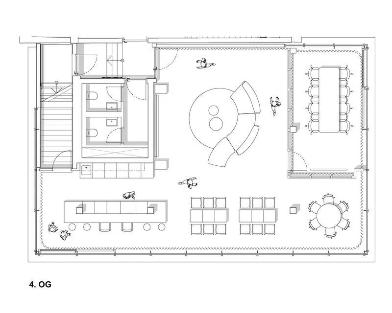 Floor plan drawing of an upper level showing open workspace with dining tables and a private office suite