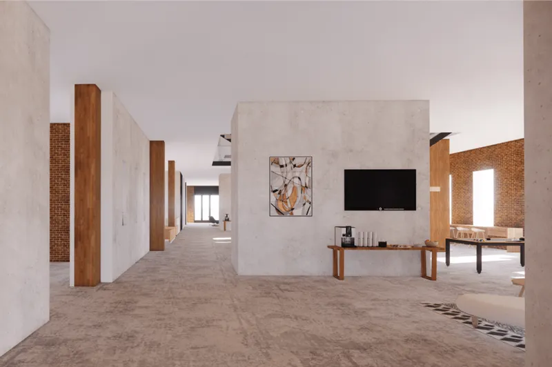 Open communal interior connects circulation, entertainment, and shared activity zones.