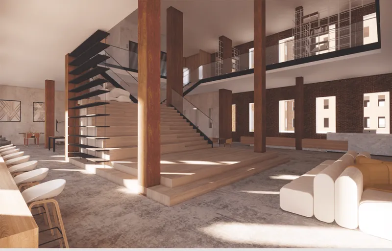 Large communicating stair transforms vertical circulation into a central social gathering space.