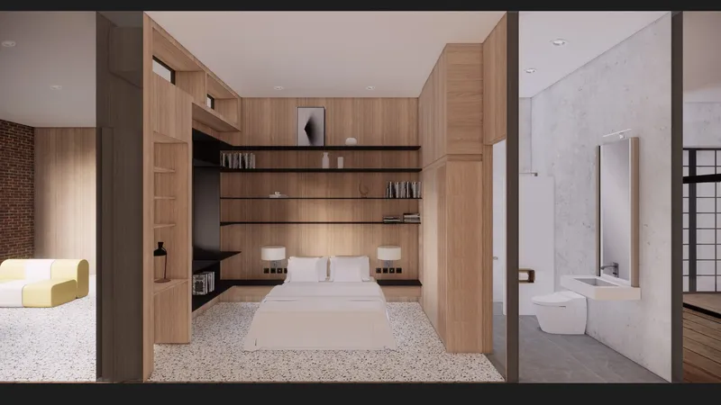 Warm timber finishes and flexible seating shape a semi-private co-living cluster for everyday interaction.