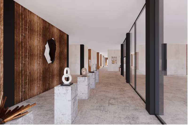 Gallery corridor blending industrial textures, glazed partitions, and curated art displays.