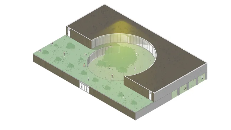 The building mass wraps around a circular void, translating Sunyata into architectural form.