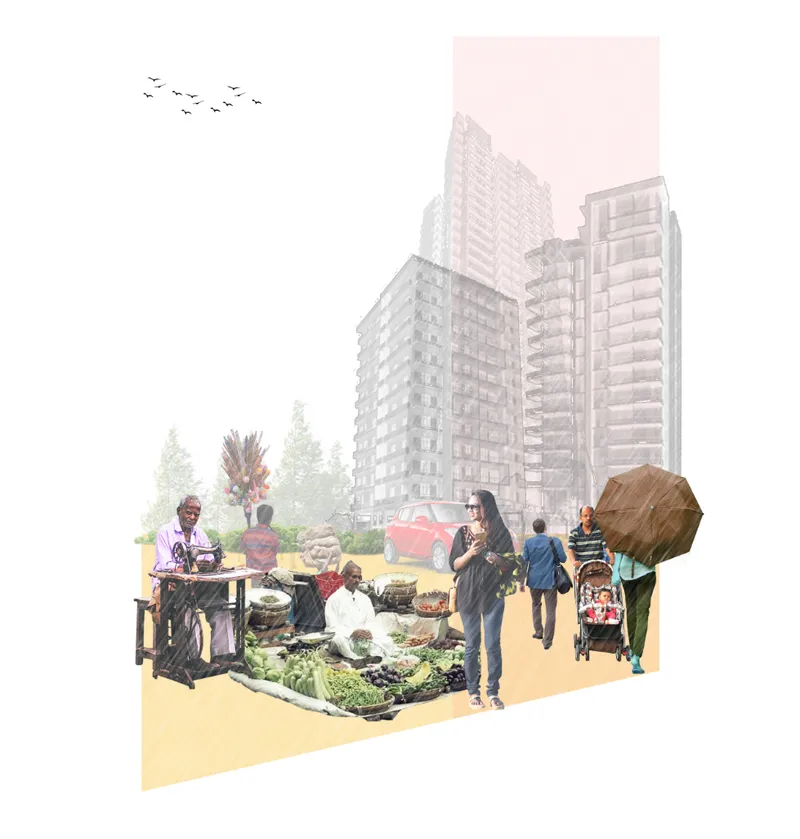 Urban collage highlighting street life, local markets, pedestrians, and high-rise housing within Bhopal’s Smart City context.