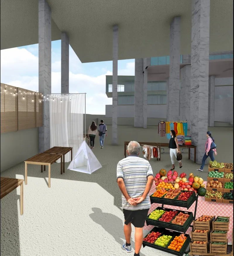 Shaded public market space beneath the residential structure, blending everyday commerce with community interaction.