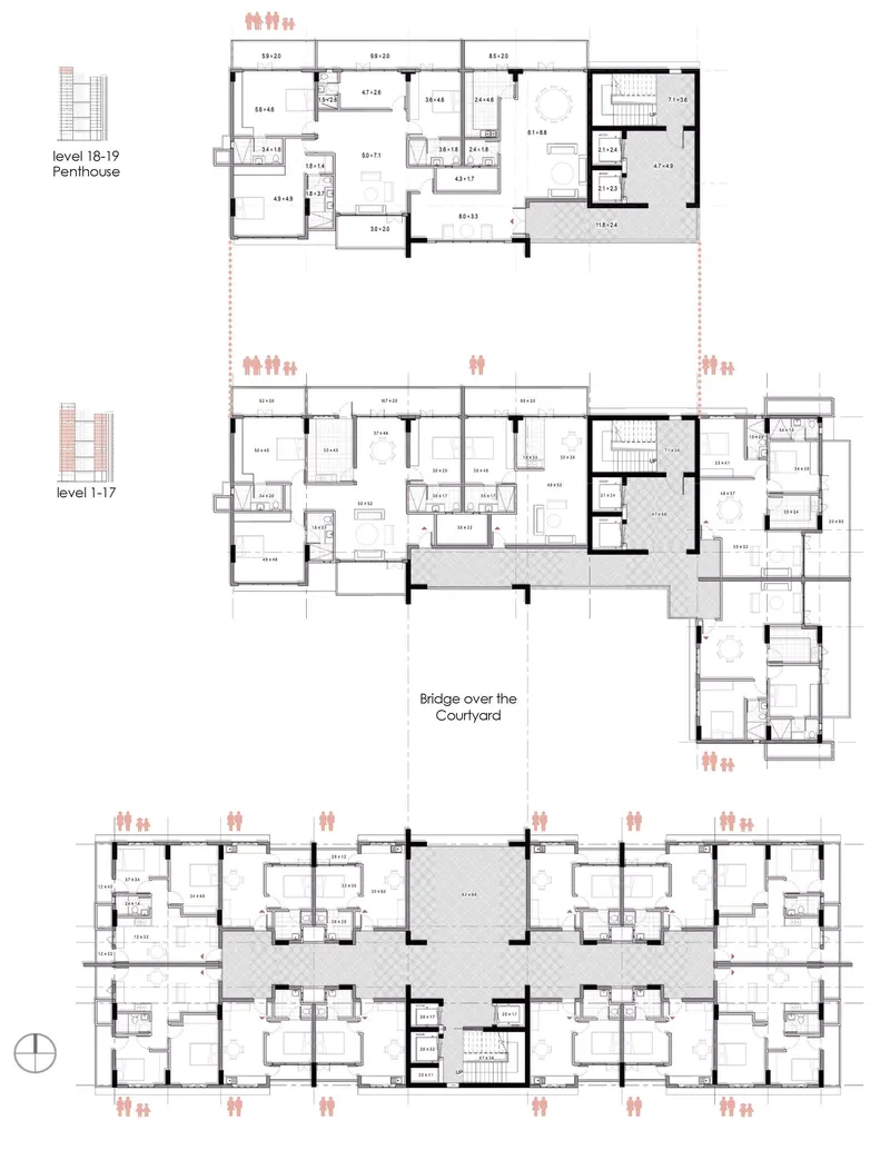 Residential floor plans showing unit layouts, courtyard bridges, circulation cores, and penthouse-level organization.