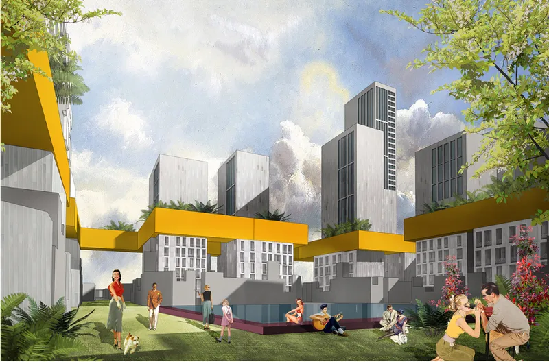 A landscaped residential courtyard connects elevated walkways, green spaces, and high-rise living within the Garden Block.