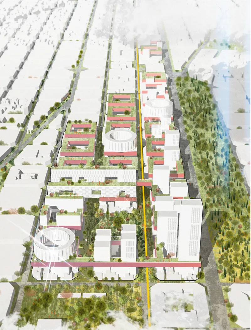 The master plan illustrates a layered urban district combining housing, public spaces, elevated connections, and extensive landscaping.
