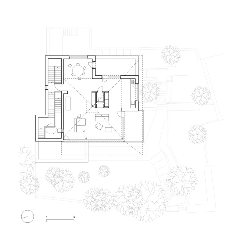 Roof level floor plan drawing depicting open terrace with dining area and stair access