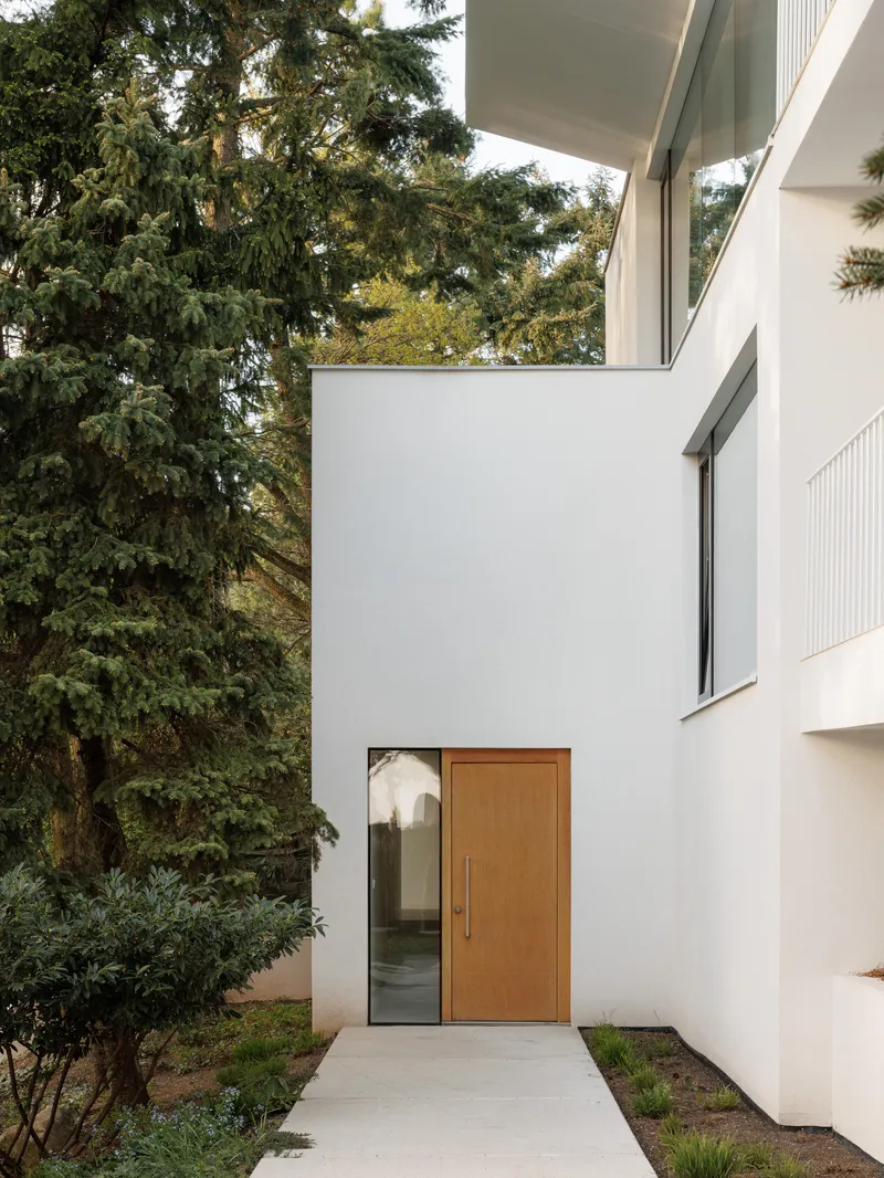 Recessed timber entry door set into white rendered facade beneath trees in afternoon light