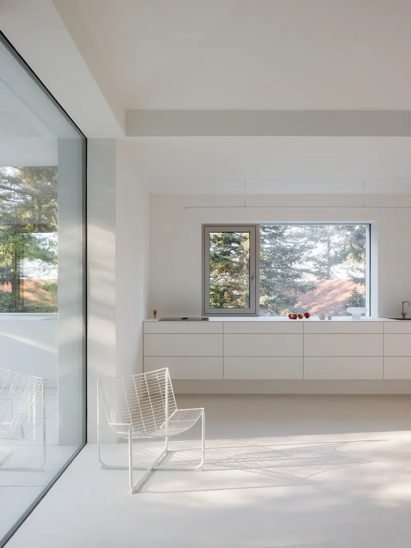 Wire lounge chair on pale flooring near full-height glazing with views to pine trees outside