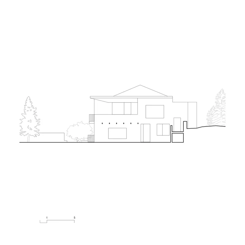 Elevation drawing depicting a two-storey residence with pitched roof and horizontal screening elements flanked by trees