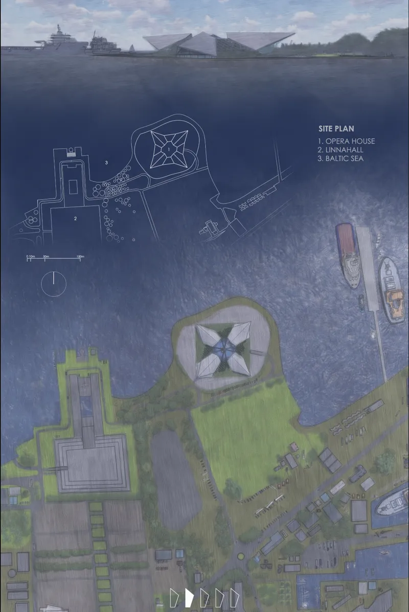 Waterfront site plan positioning the opera house beside Tallinn’s Linnahall and the Baltic Sea