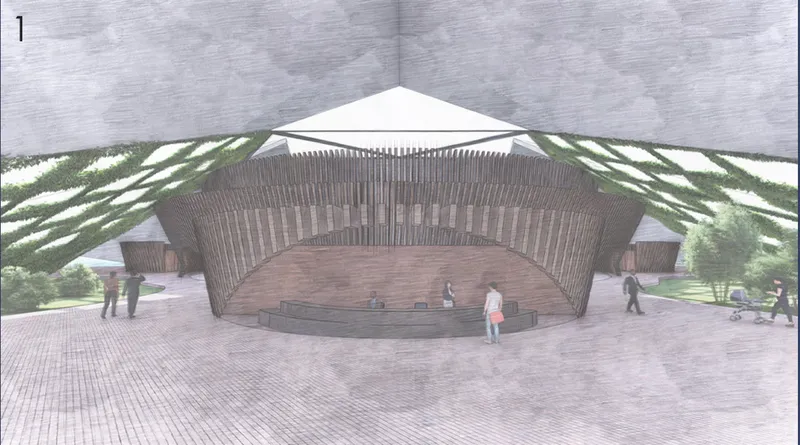 Front elevation expressing the soaring bird concept through dramatic wing-like roof forms and landscaped edges