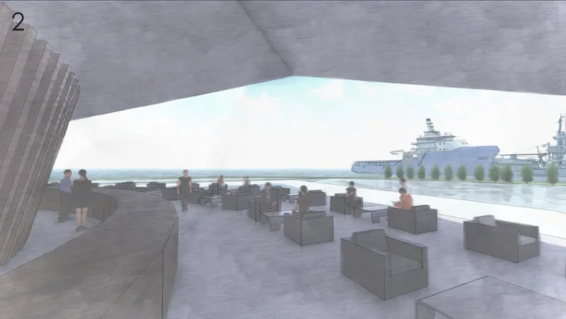 Restaurant interior opening toward panoramic views of the Baltic Sea and Tallinn’s active waterfront