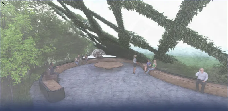 Entrance foyer framed by timber fins, greenery, and a sculptural reception space