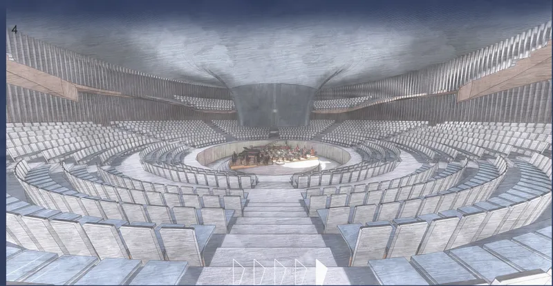 Circular opera auditorium with a central stage surrounded by tiered seating for an immersive performance experience