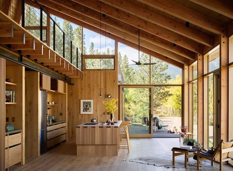 Open kitchen and dining area with timber ceiling beams, mezzanine stair, and glazed wall to the forest