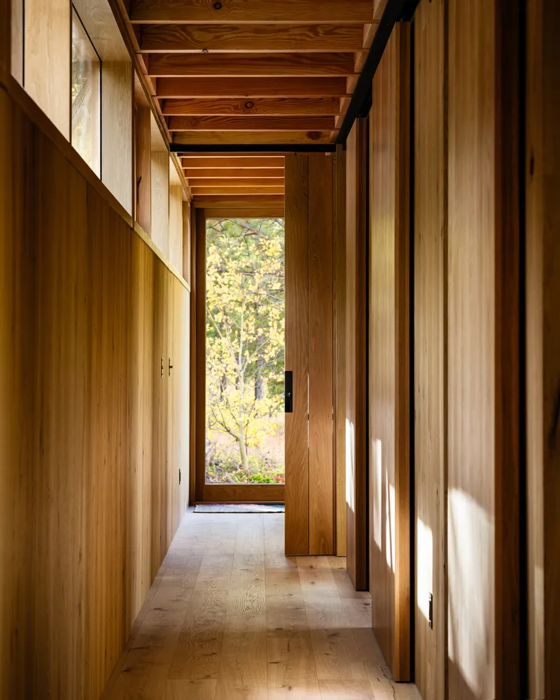 Timber-paneled corridor with exposed ceiling joists and window framing fall trees