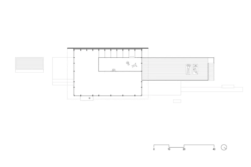 Upper floor plan drawing indicating bedroom layout with cantilevered deck and open living area