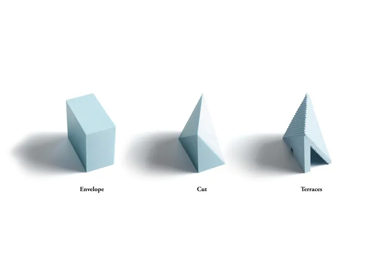 Diagram showing three volumetric studies labeled envelope, cut, and terraces on a white background