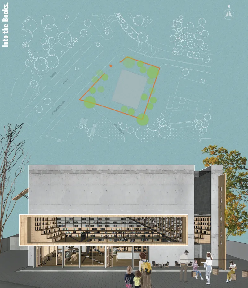 A modern library façade reveals layered book-filled interiors, welcoming public spaces and a strong connection between architecture, learning and community.