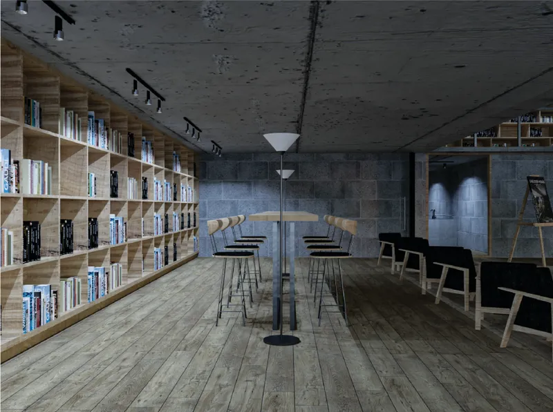 A quiet study zone pairs timber bookshelves with restrained concrete surfaces and focused lighting.